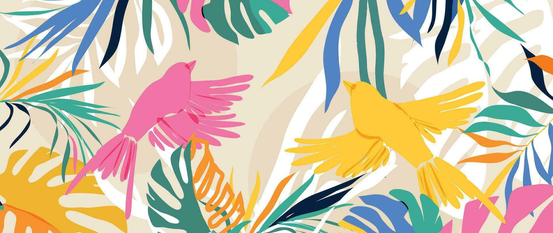 tropical hojas antecedentes vector. botánico follaje bandera diseño mano dibujado vistoso palma hoja, monstera hojas, pájaro línea Arte. diseño para fondo de pantalla, cubrir, tarjetas, embalaje, volantes, tela. vector