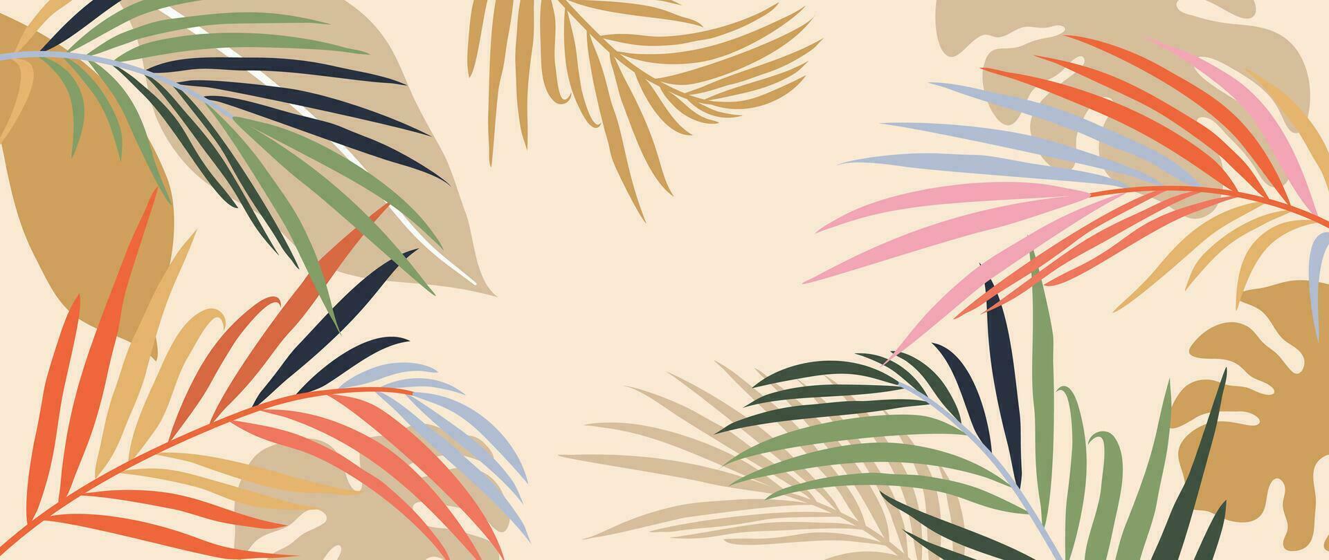 Tropical leaves background vector. Botanical foliage banner design hand drawn colorful palm leaf, monstera leaves line art. Design for wallpaper, cover, cards, packaging, flyer, fabric. vector