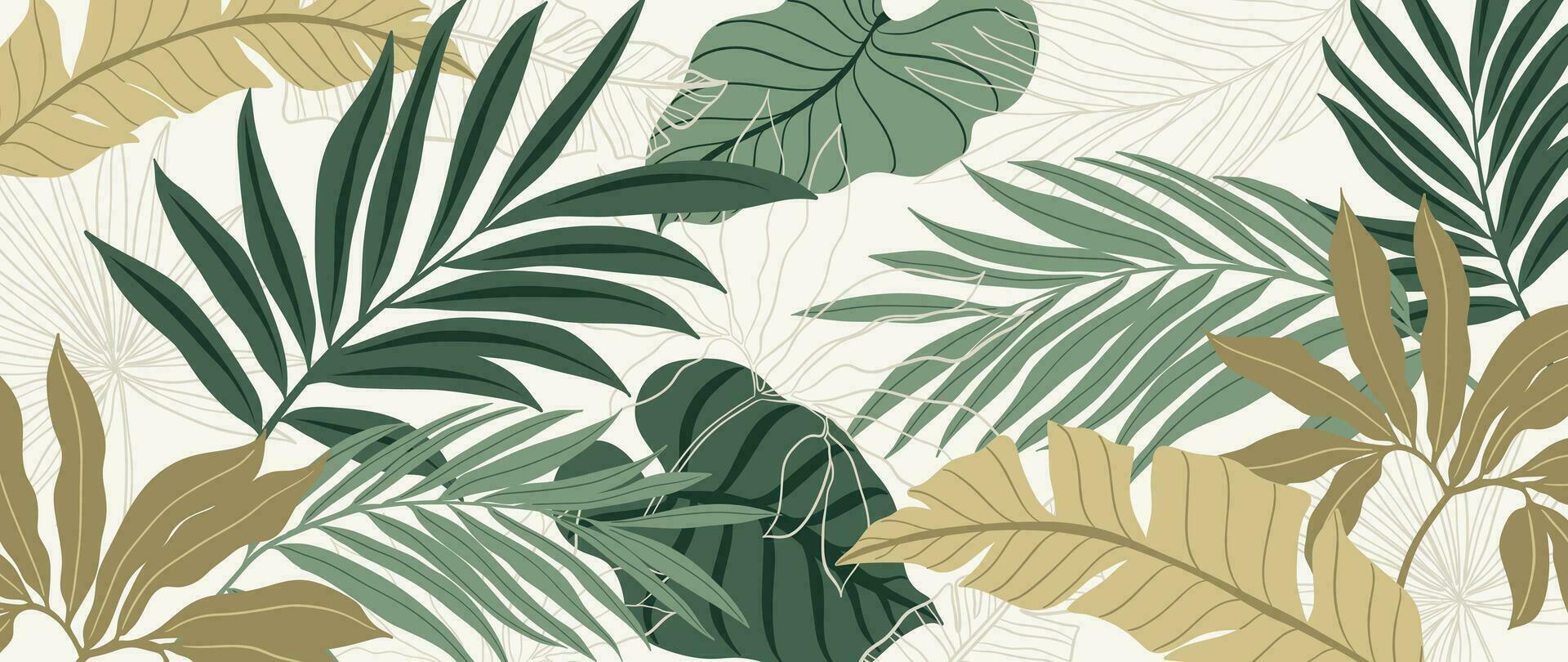 tropical hojas antecedentes vector. botánico follaje bandera diseño mano dibujado vistoso palma hoja, monstera hojas línea Arte. diseño para fondo de pantalla, cubrir, tarjetas, embalaje, volantes, tela. vector