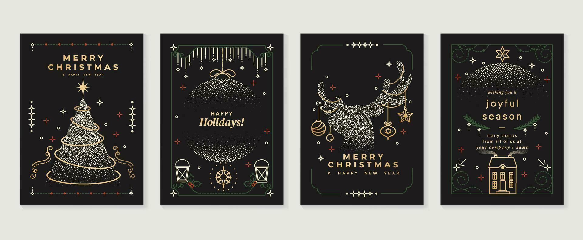 Luxury christmas invitation card art deco design vector. Christmas tree,  bauble ball, reindeer, house, lantern, spot texture on dark background. Design illustration for cover, poster, wallpaper. vector
