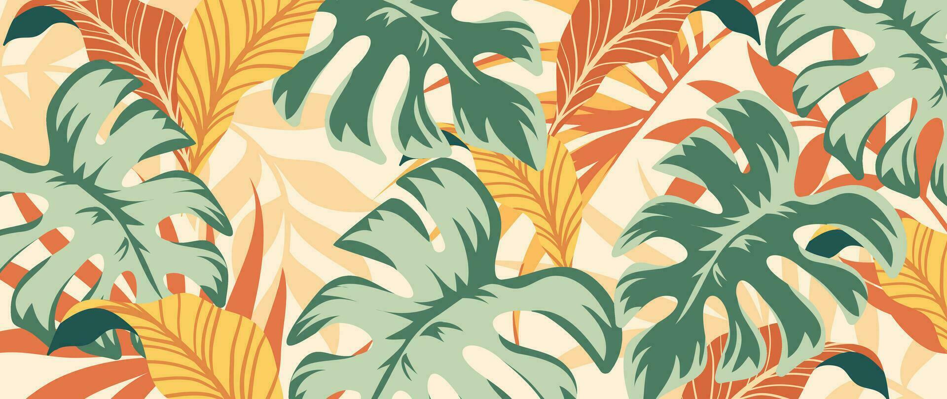 tropical hojas antecedentes vector. botánico follaje bandera diseño mano dibujado vistoso palma hoja, monstera hojas línea Arte. diseño para fondo de pantalla, cubrir, tarjetas, embalaje, volantes, tela. vector