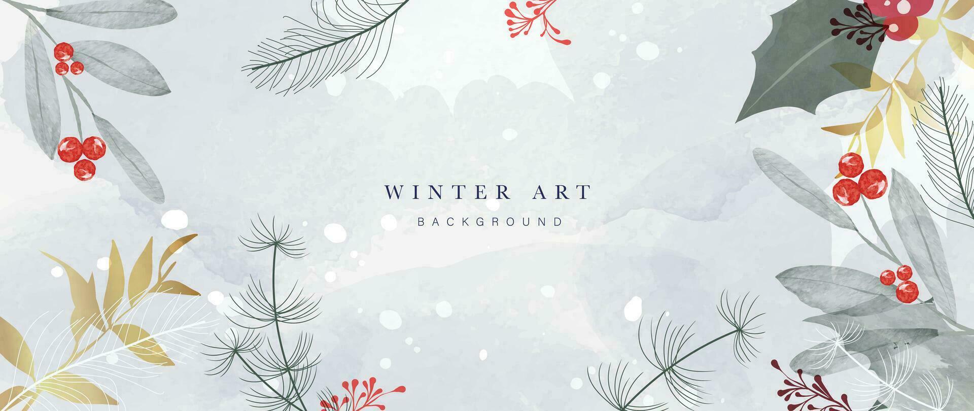 Winter background vector. Hand painted watercolor and gold brush texture, flower, botanical leaves, berry hand drawing. Abstract art design for wallpaper, wall art, cover, wedding. invite card. vector