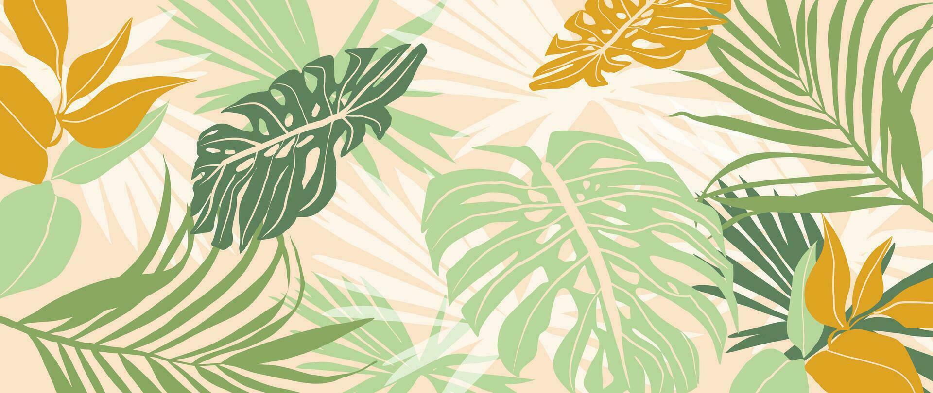 Tropical leaves background vector. Botanical foliage banner design hand drawn colorful palm leaf, monstera leaves line art. Design for wallpaper, cover, cards, packaging, flyer, fabric. vector