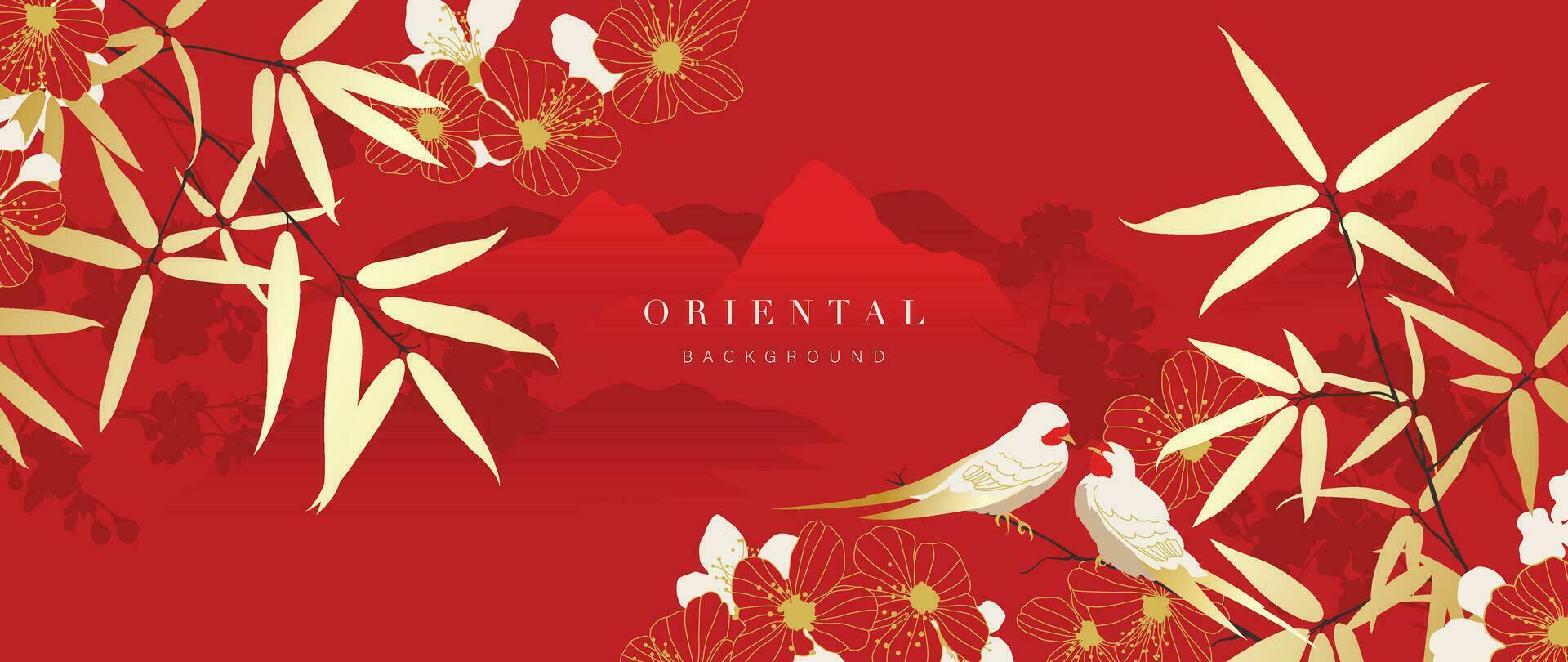 Elegant Chinese oriental pattern background vector. Elegant swallow bird, cherry blossom and bamboo golden line art on red background. Design illustration for happy new year, wallpaper, banner, card. vector