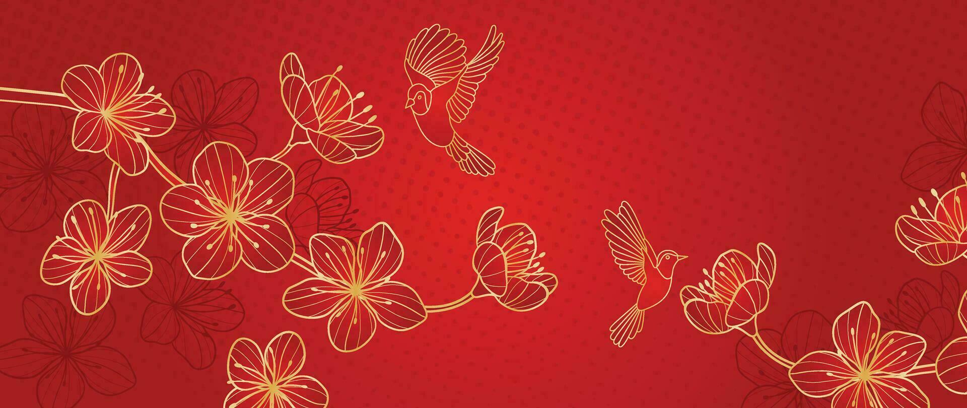 Elegant Chinese oriental pattern background vector. Elegant swallow bird and cherry blossom flower golden line art on red background. Design illustration for happy new year, wallpaper, banner, card. vector