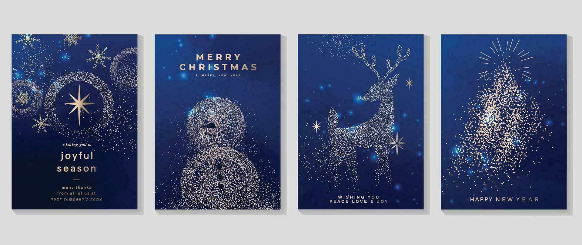 Elegant christmas invitation card art deco design vector. Luxury christmas tree, snowman, reindeer, snowflake spot texture on blue background. Design illustration for cover, poster, wallpaper. vector
