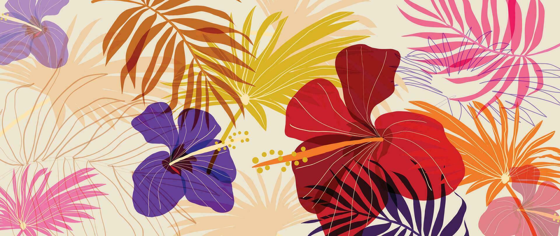 tropical hojas antecedentes vector. botánico follaje bandera diseño mano dibujado vistoso palma hoja, Coco hojas, flor línea Arte. diseño para fondo de pantalla, cubrir, tarjetas, embalaje, volantes, tela. vector