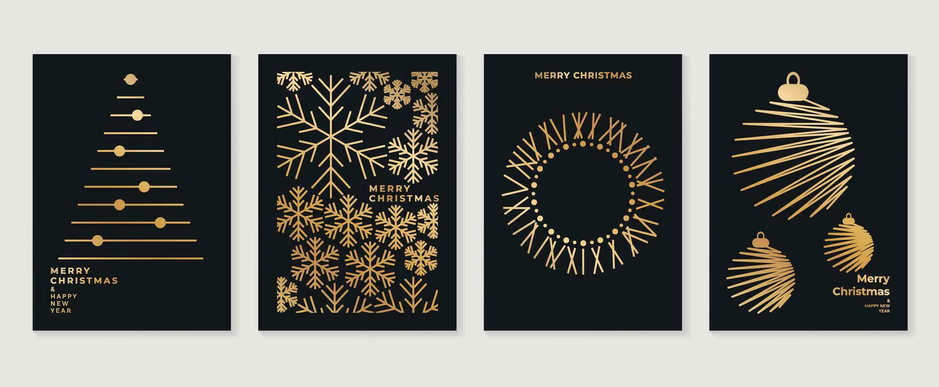 Luxury christmas invitation card art deco design vector. Christmas tree, bauble ball, snowflake, wreath line art on dark background. Design illustration for cover, poster, wallpaper. vector
