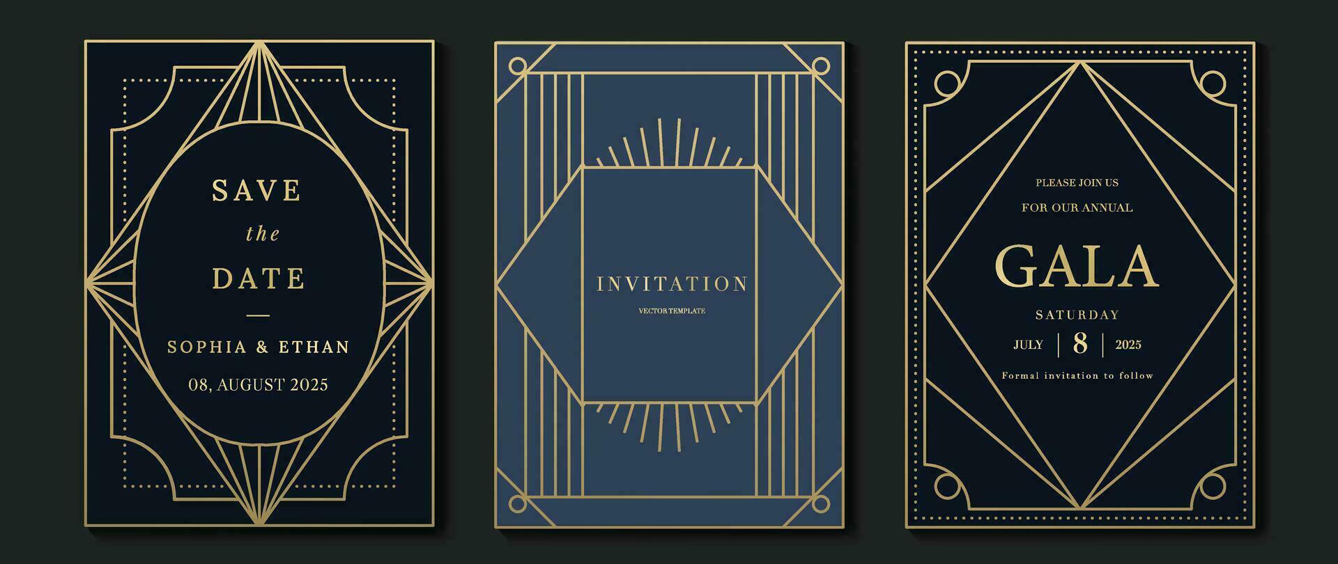 Luxury invitation card background vector. Elegant classic antique design, gold lines gradient on dark blue background. Premium design illustration for gala card, grand opening, art deco. vector