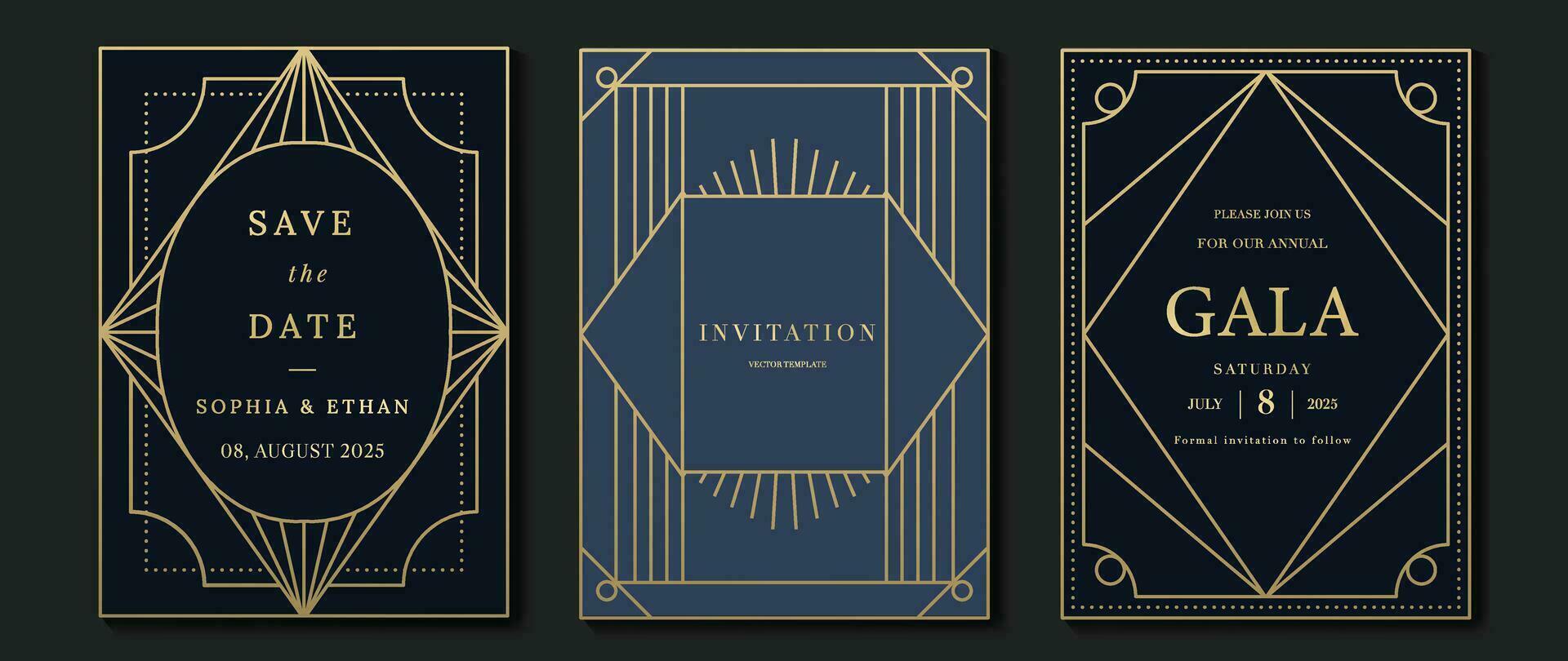 lujo invitación tarjeta antecedentes vector. elegante clásico antiguo diseño, oro líneas degradado en oscuro azul antecedentes. prima diseño ilustración para gala tarjeta, grandioso apertura, Arte decoración vector