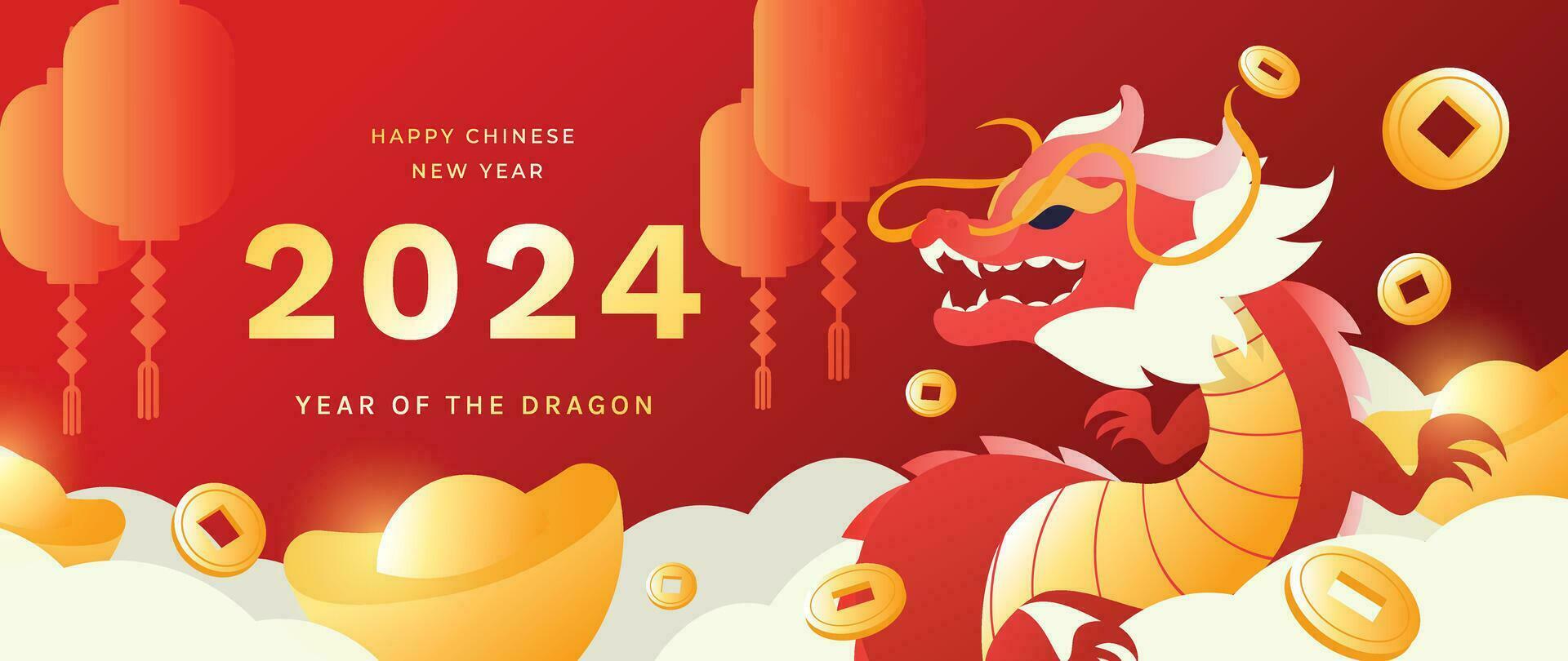 Happy Chinese new year background vector. Year of the dragon design wallpaper with dragon, coin, chinese lantern, cloud. Modern luxury oriental illustration for cover, banner, website, decor. vector