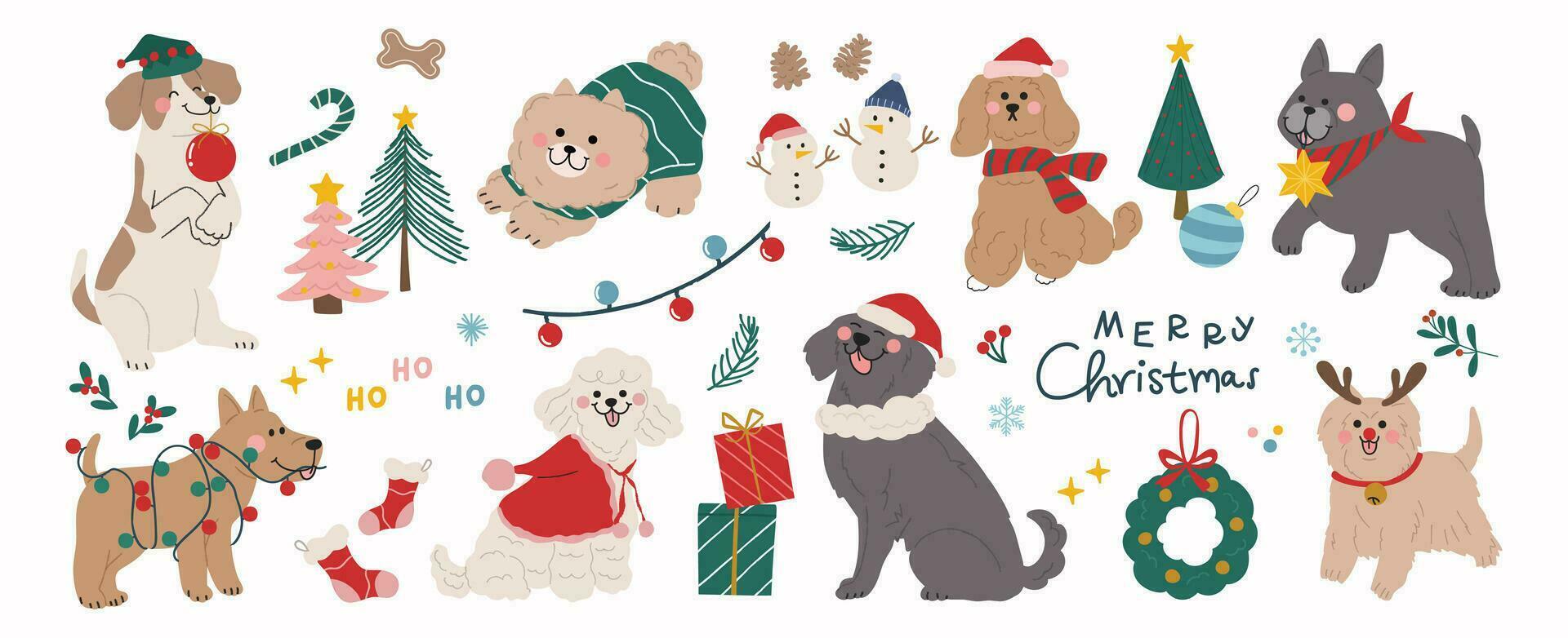 Merry christmas and happy new year concept background vector. Collection drawing of cute dogs with decorative scarf, ribbon, hat. Design suitable for banner, invitation, card, greeting, banner, cover. vector