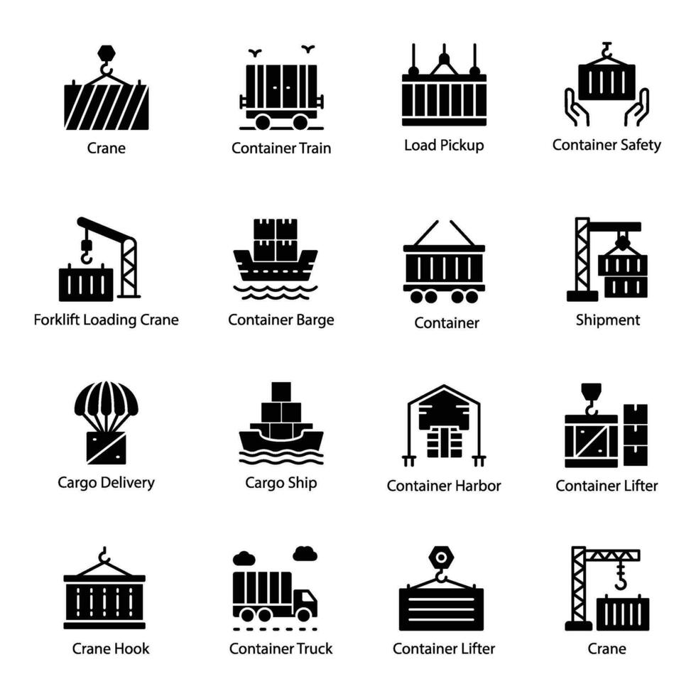 Logistics Container Machines Glyph Vector Icons