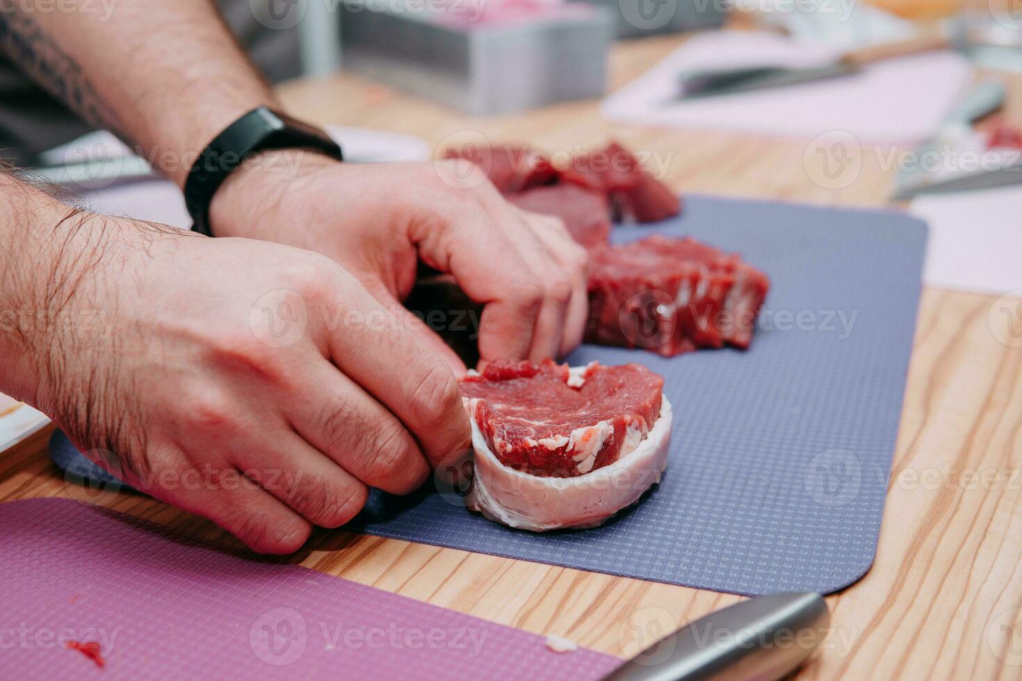 Cooking minion steak at a cooking class. Homemade food photo