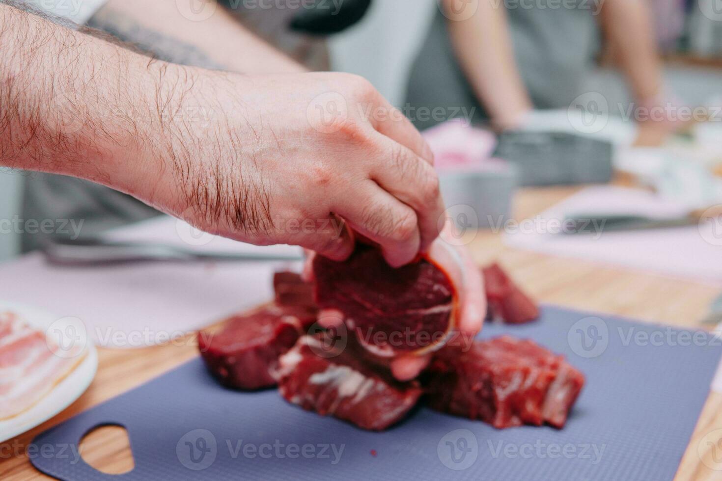 Cooking minion steak at a cooking class. Homemade food photo