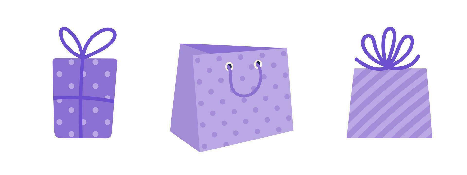 Gift boxes and paper bag, vector icon set. Bright closed presents with bow, ribbon, handles. Containers are packed in wrapping paper with polka dots, striped. Purple packet for a gift, shopping, prize