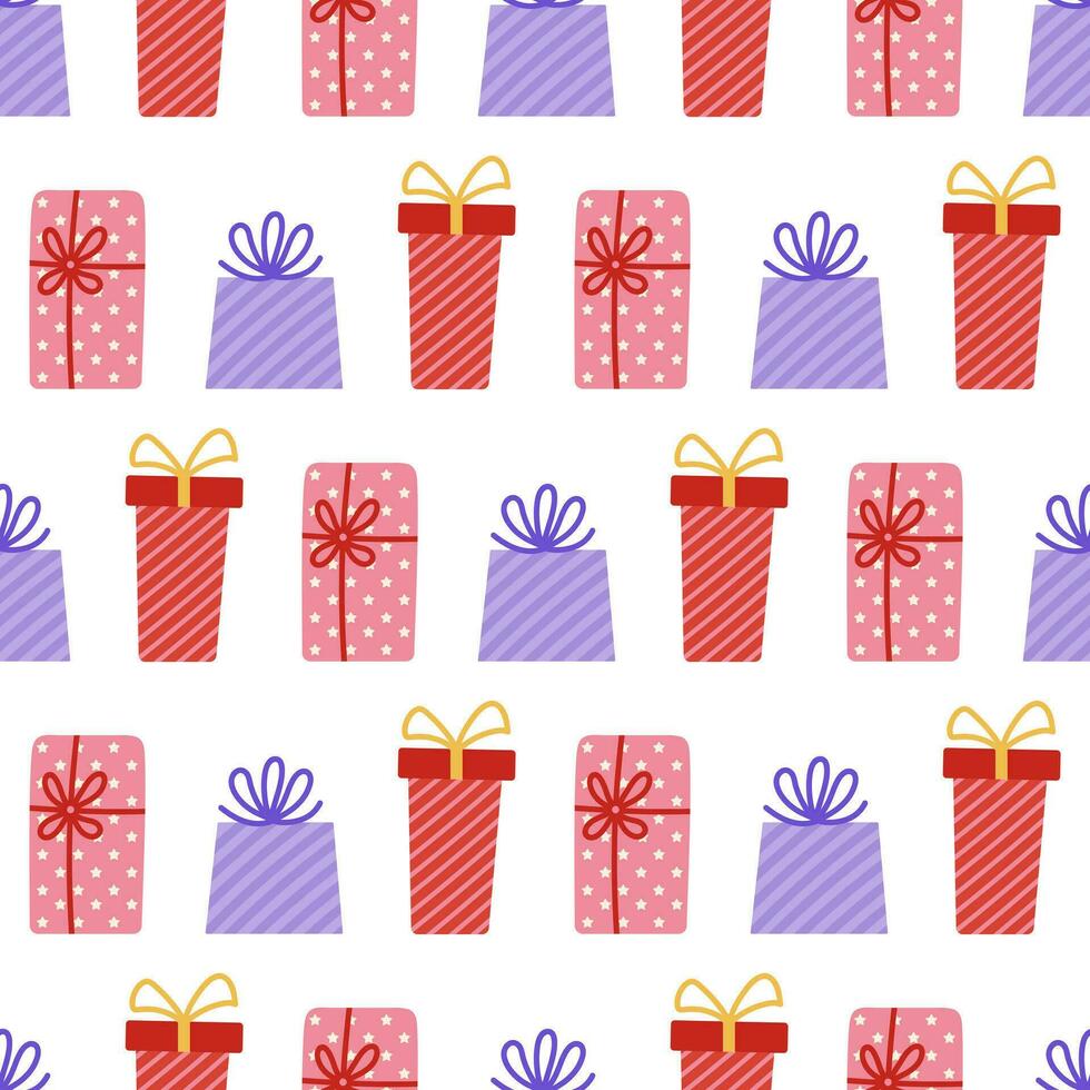 Gift boxes seamless vector pattern. Pink and violet presents with ribbon, bow. Holiday containers packed in wrapping paper with stars, stripes. Surprise for birthday, party. Stylish cartoon background