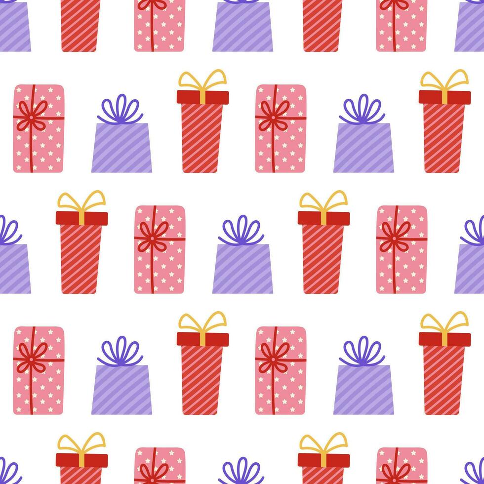 Gift boxes seamless vector pattern. Pink and violet presents with ribbon, bow. Holiday containers packed in wrapping paper with stars, stripes. Surprise for birthday, party. Stylish cartoon background