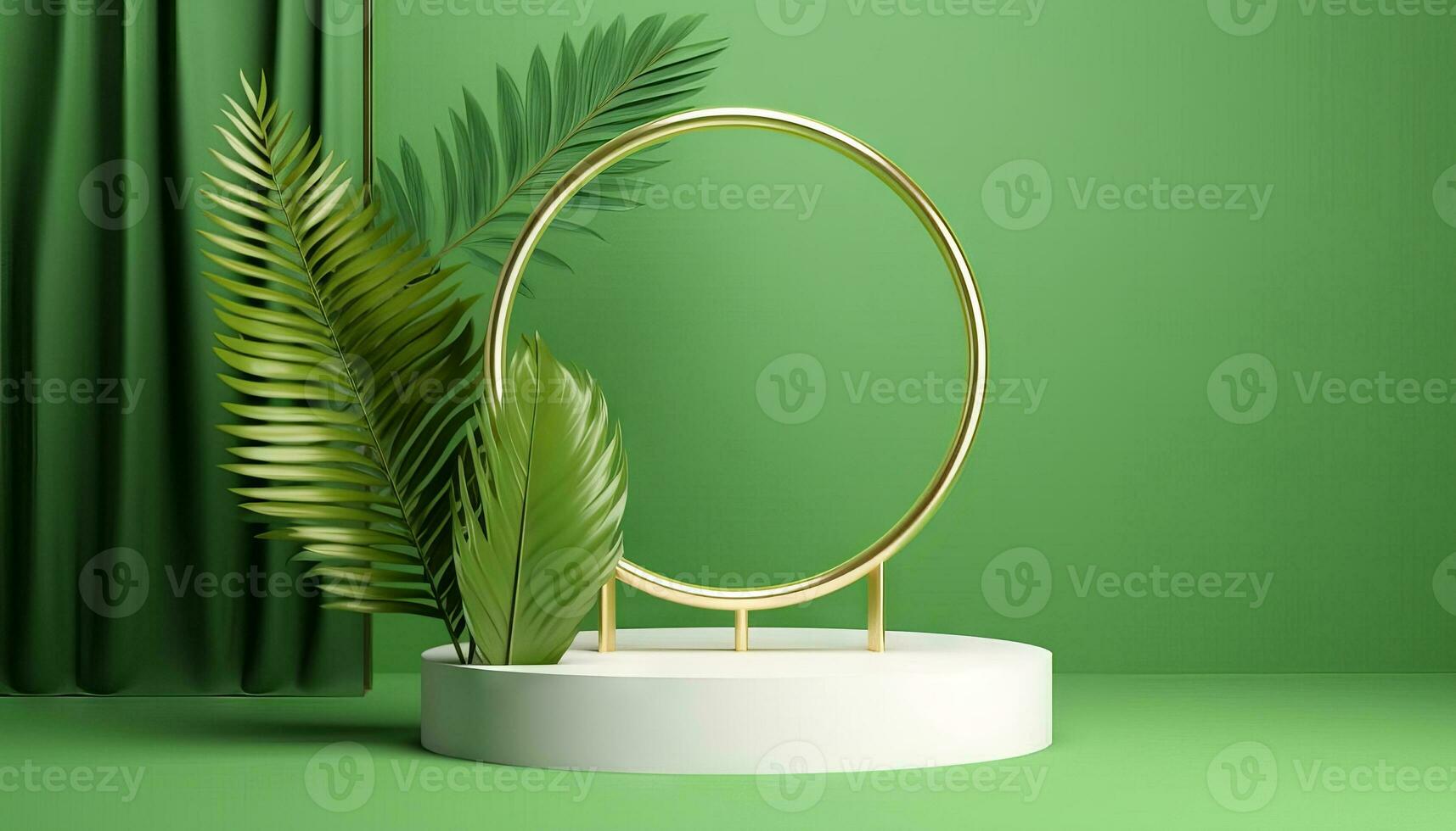 AI generated White product podium with green tropical palm leaves and golden round arch on green wall. Generative ai photo