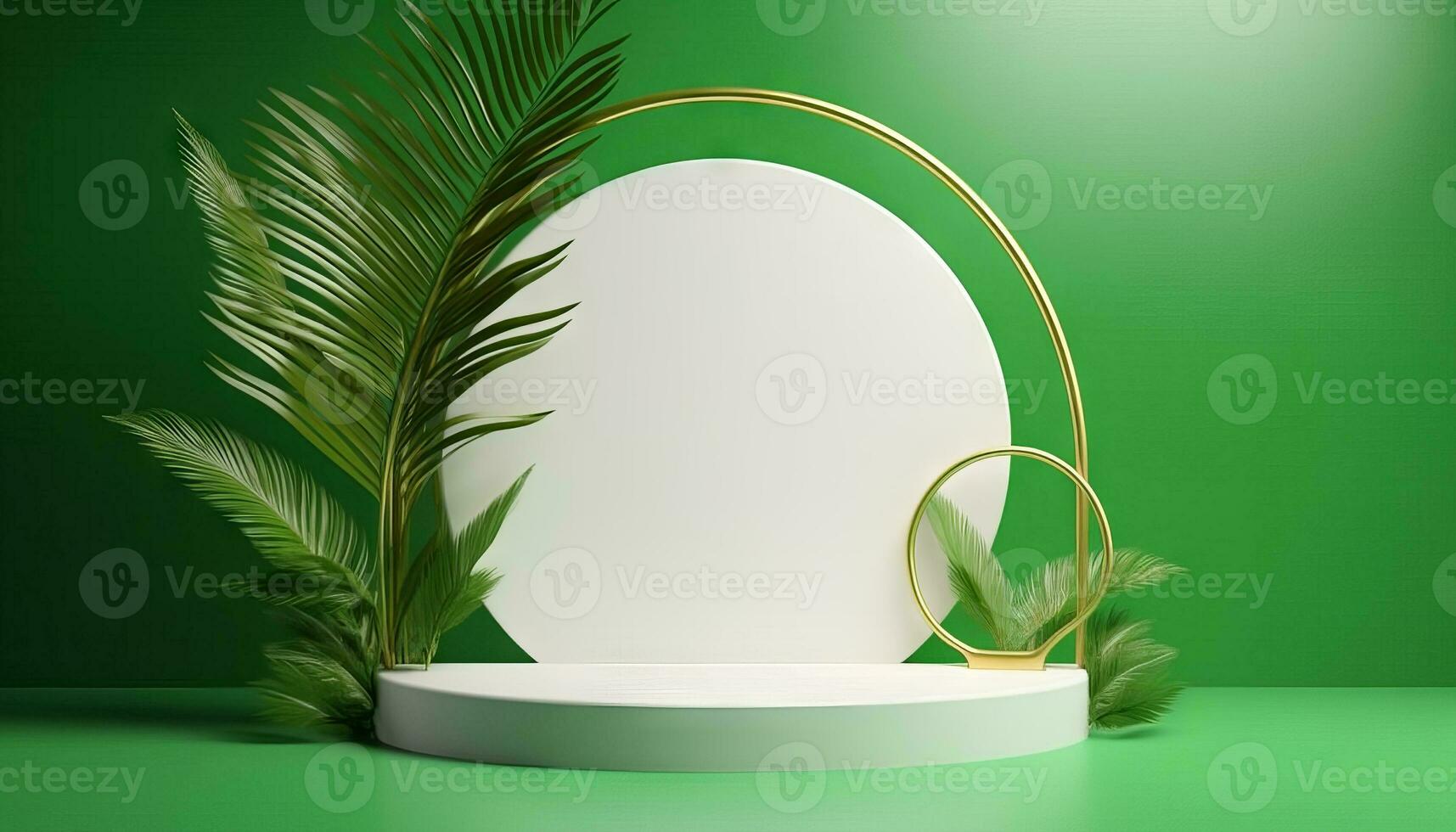 AI generated White product podium with green tropical palm leaves and golden round arch on green wall. Generative ai photo