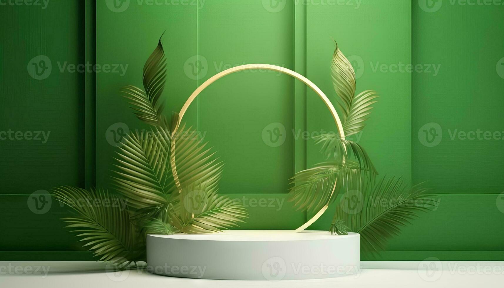 AI generated White product podium with green tropical palm leaves and golden round arch on green wall. Generative ai photo