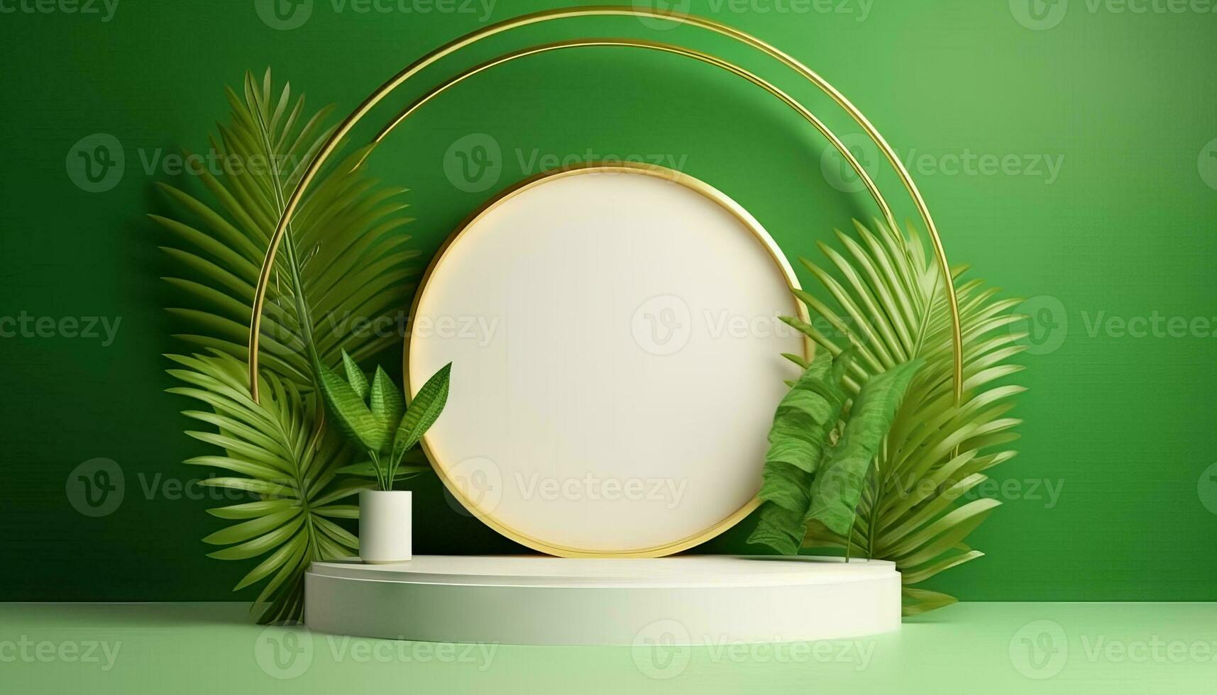 AI generated White product podium with green tropical palm leaves and golden round arch on green wall. Generative ai photo