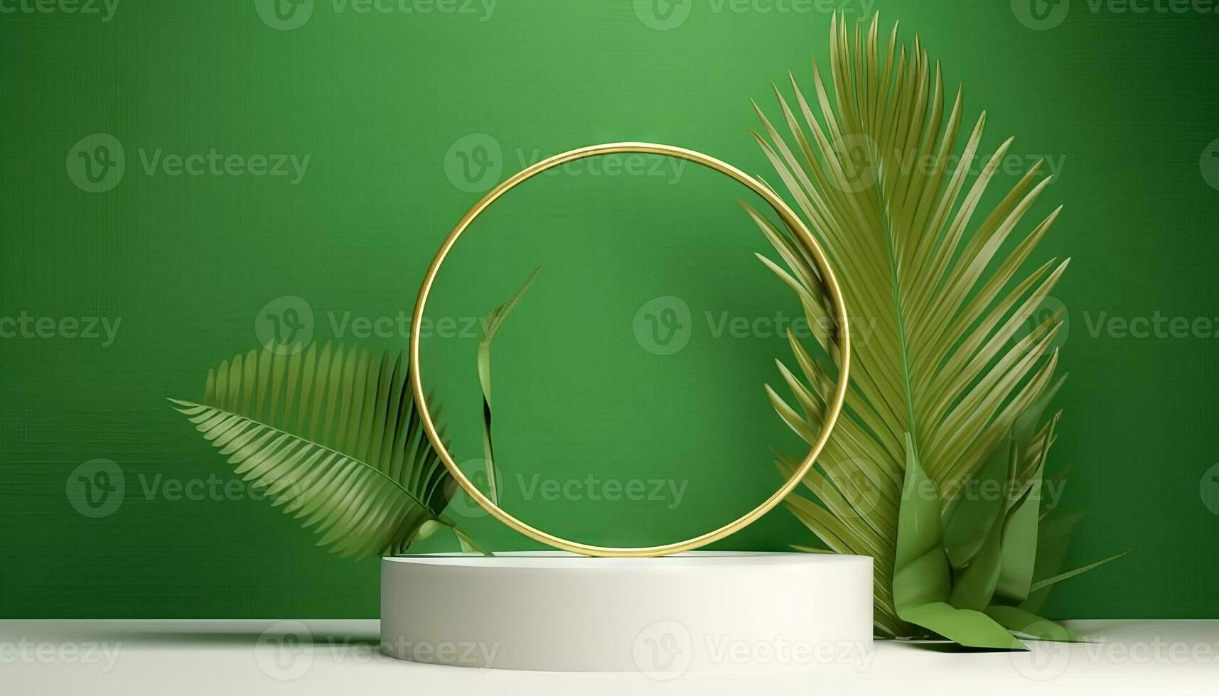 AI generated White product podium with green tropical palm leaves and golden round arch on green wall. Generative ai photo
