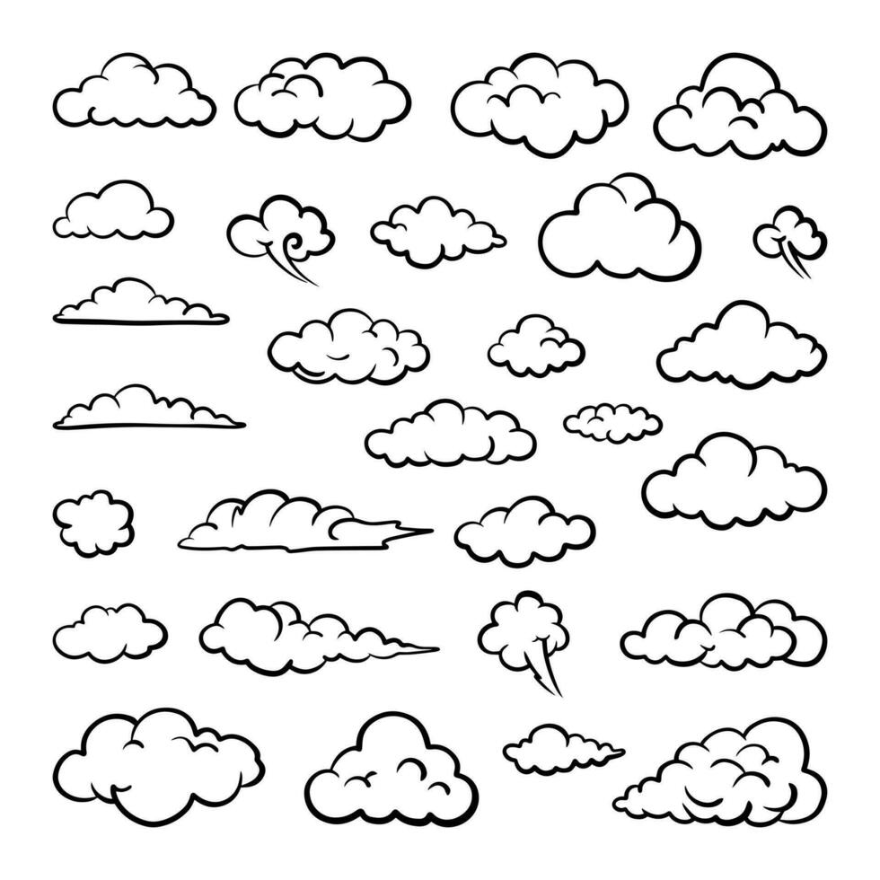 conjunto de garabatos de nubes, ilustración vectorial. vector