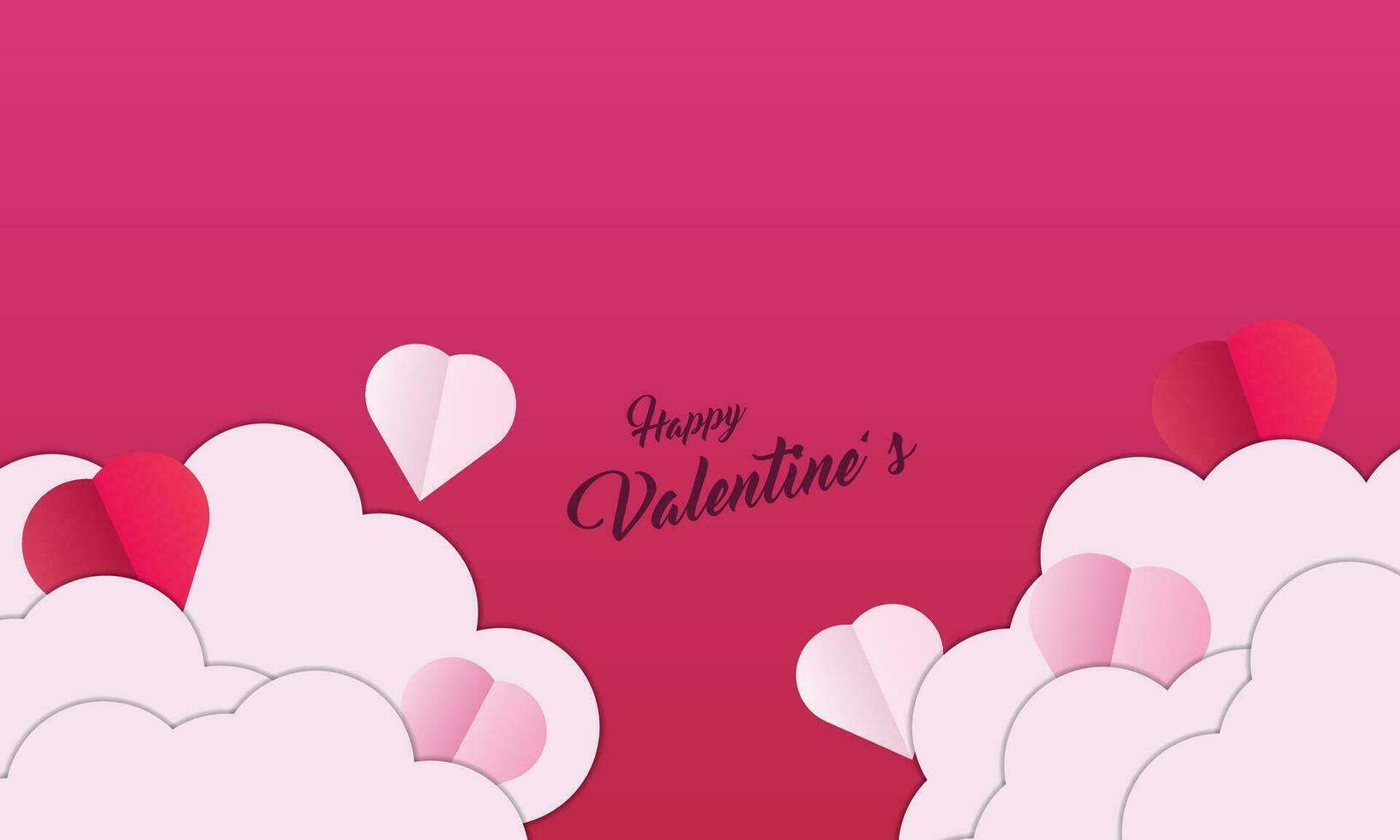 Background design with paper cut clouds. Place for text. Happy Valentine's Day sale header with hanging hearts. vector