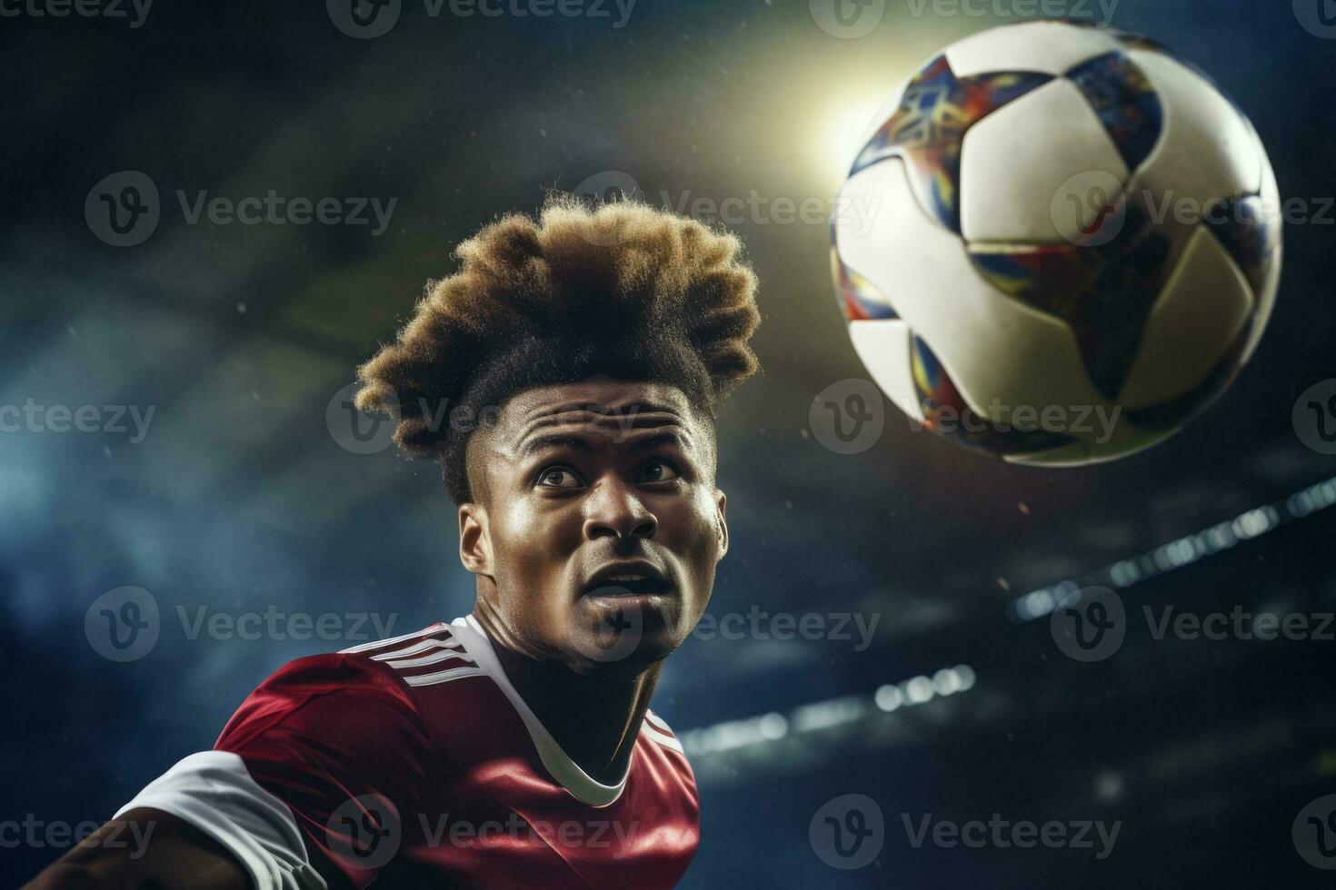 AI generated The intensity of the game with a close up shot of a soccer player skillfully heading the ball photo