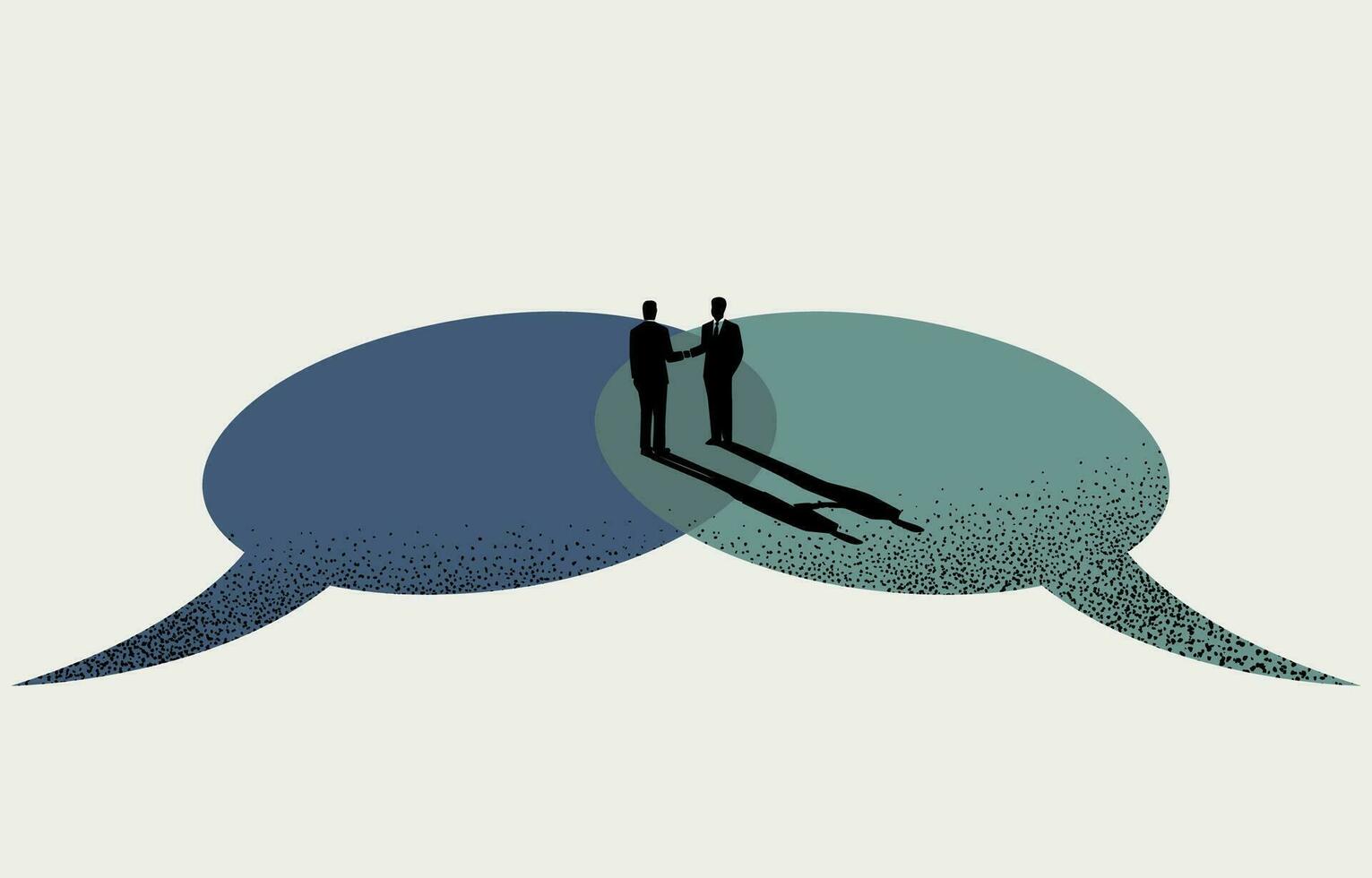 Business compromise, sharing ideas, deal or agreement concept, businessmen handshaking on connected thought bubbles, vector illustration.