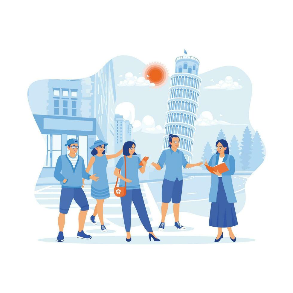 Multicultural tourists are touring in Pisa, Italy, during the day. Tourists listen to a guide's explanation about a famous monument. Tourist Guide concept. trend modern vector flat illustration