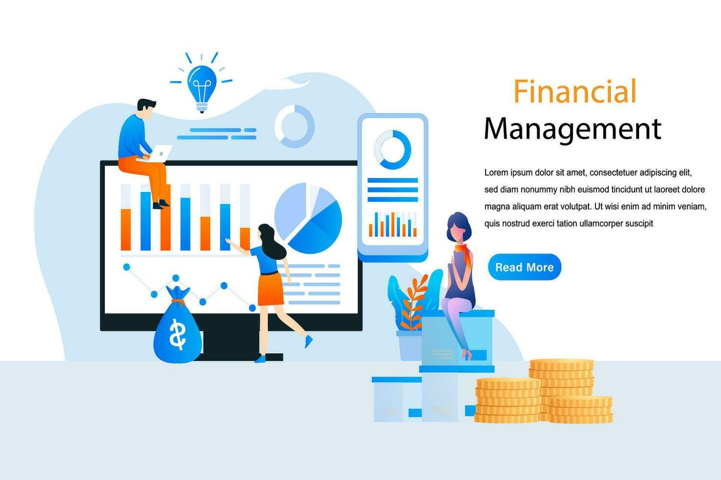 página de inicio de gestión financiera con personas y dispositivos vector