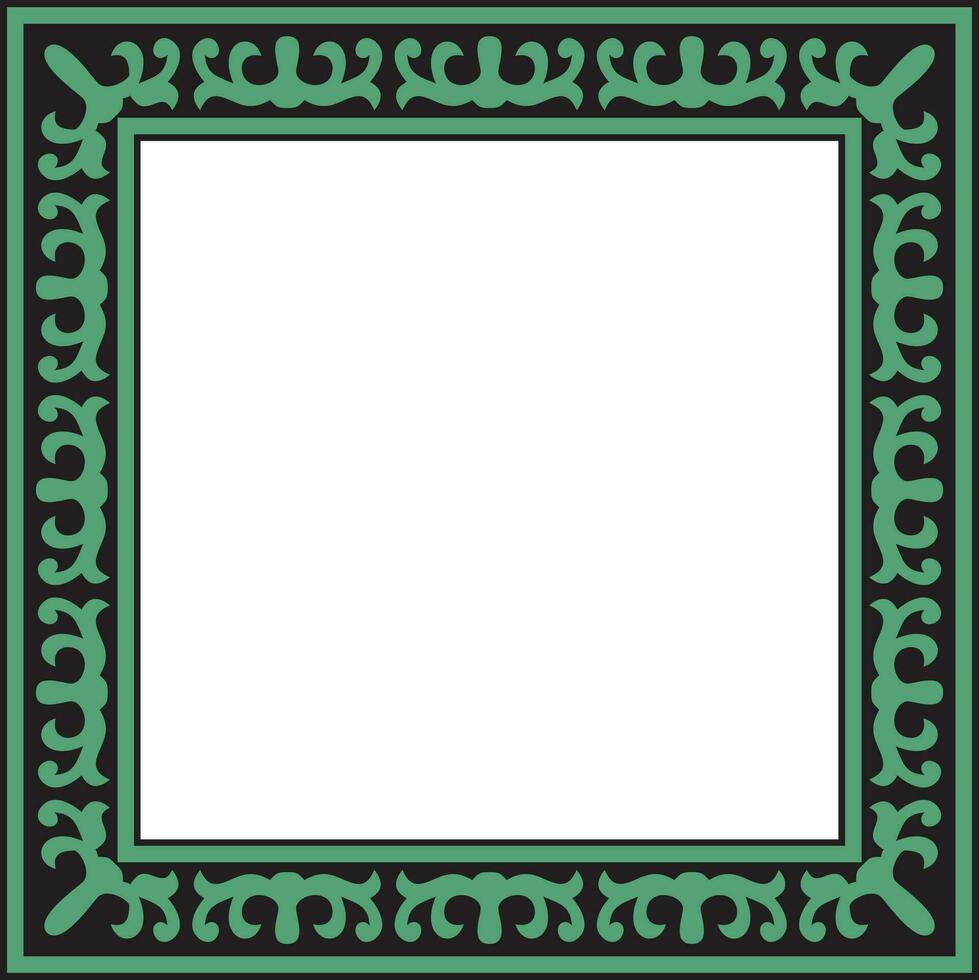 Vector green with black Square Kazakh national ornament. Ethnic pattern of the peoples of the Great Steppe, Mongols, Kyrgyz, Kalmyks, Buryats. Square frame border.