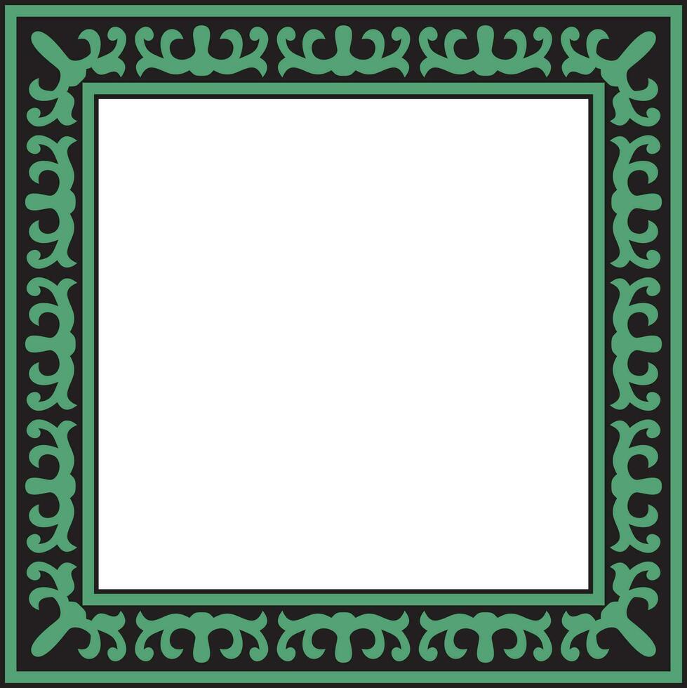 Vector green with black Square Kazakh national ornament. Ethnic pattern of the peoples of the Great Steppe, Mongols, Kyrgyz, Kalmyks, Buryats. Square frame border.