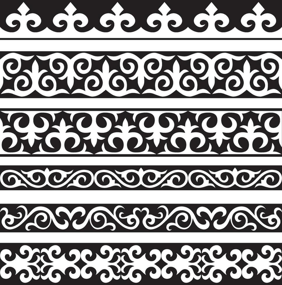 Set of vector monochrome seamless Kazakh national ornament. Ethnic pattern of the nomadic peoples of the great steppe, the Turks. Border, frame Mongols, Kyrgyz, Buryats, Kalmyks.