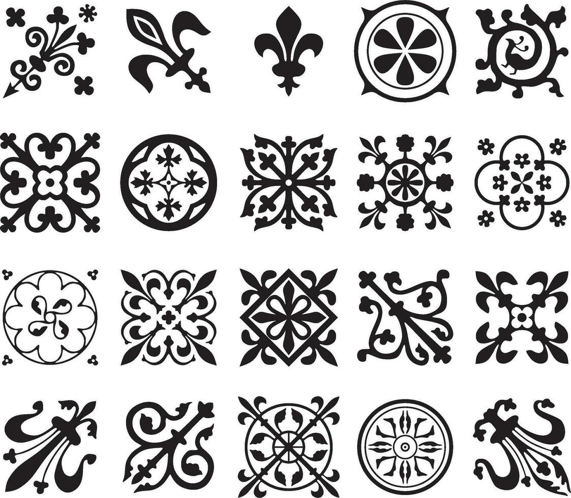 Vector black monochrome set of ancient Roman ornament elements. Classic European parts of patterns. Lilies and crowns.
