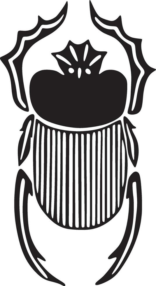 Vector monochrome Egyptian scarab beetle. In Egyptian mythology, the scarab is the sacred insect of the sun gods. A symbol of the creative power of the Sun, rebirth in the afterlife.