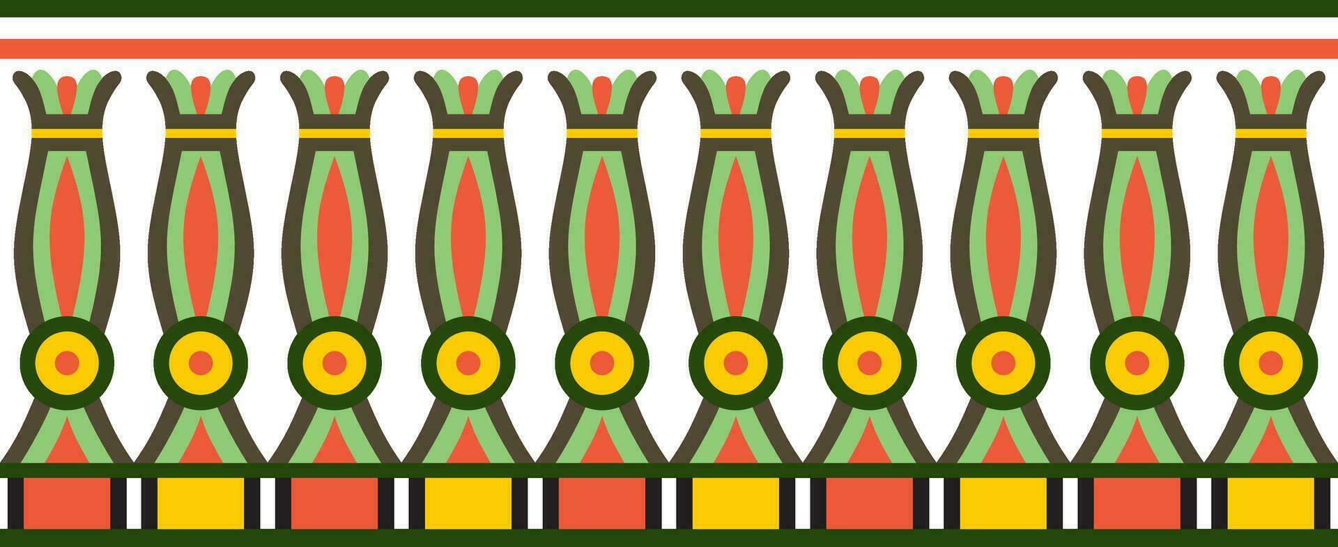 Vector colorful seamless Egyptian border. Endless ornament of Ancient Africa. Pattern of lotus flowers and sun.