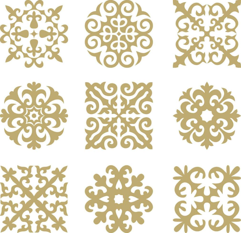 Vector set ofgolden signs Kazakh national ornament. Ethnic pattern of the peoples of the Great Steppe, Mongols, Kyrgyz, Kalmyks,  Buryats. circle, frame border.