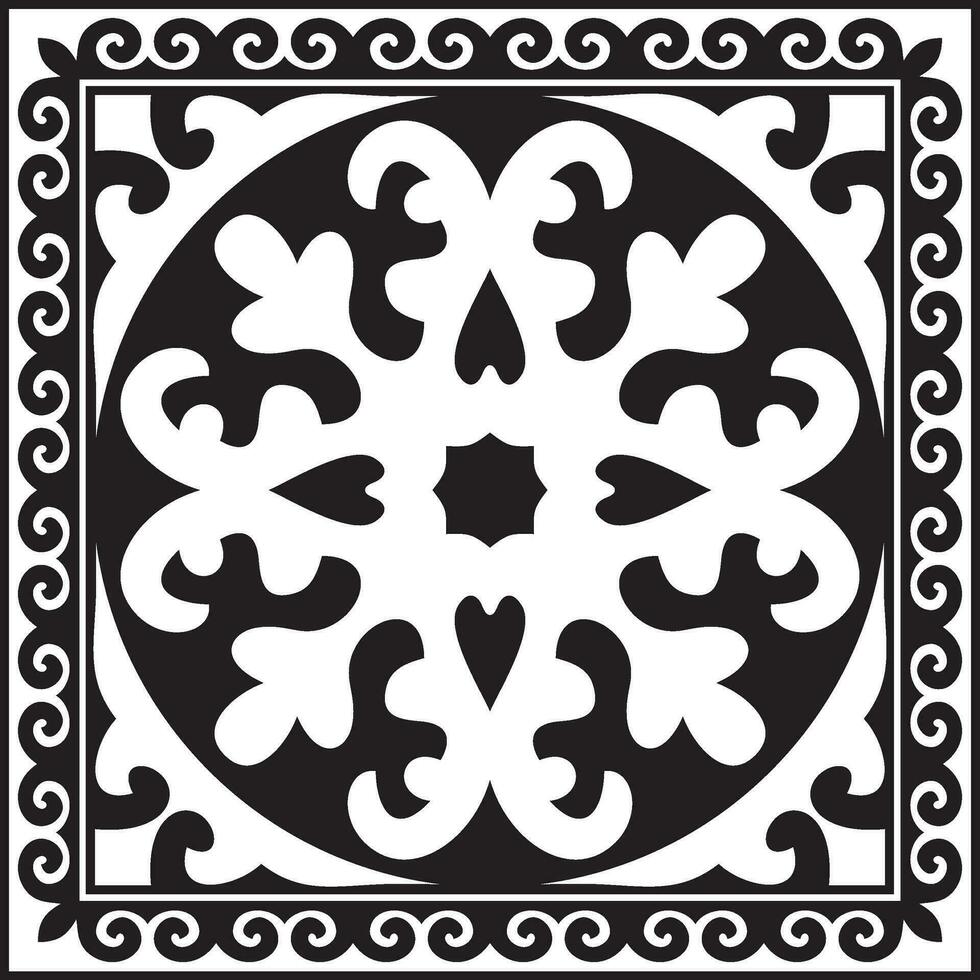 Vector black monochrome square Kazakh national ornament. Ethnic pattern of the peoples of the Great Steppe, Mongols, Kyrgyz, Kalmyks, Buryats.