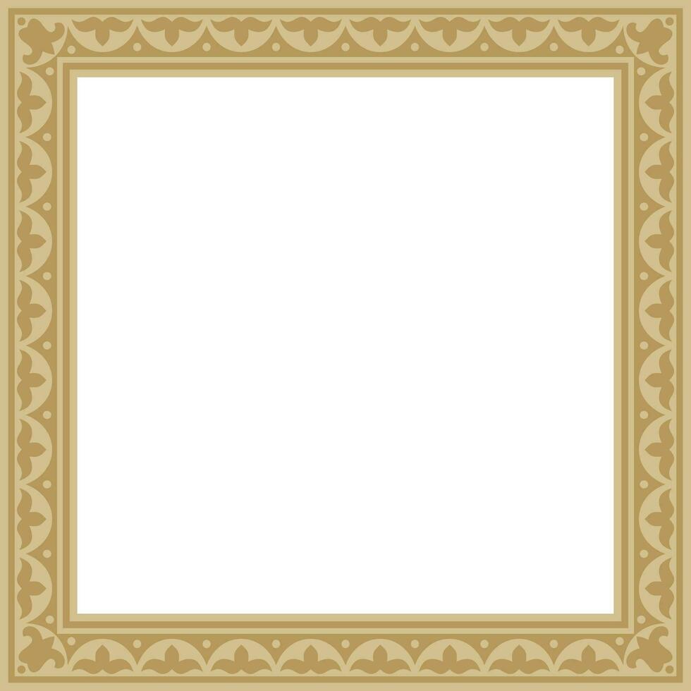 Vector golden square Kazakh national ornament. Ethnic pattern of the peoples of the Great Steppe, Mongols,  Kyrgyz, Kalmyks, Buryats. Square frame border.