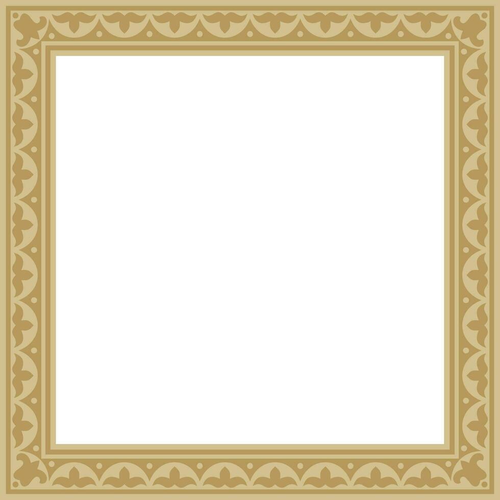 Vector golden square Kazakh national ornament. Ethnic pattern of the peoples of the Great Steppe, Mongols,  Kyrgyz, Kalmyks, Buryats. Square frame border.