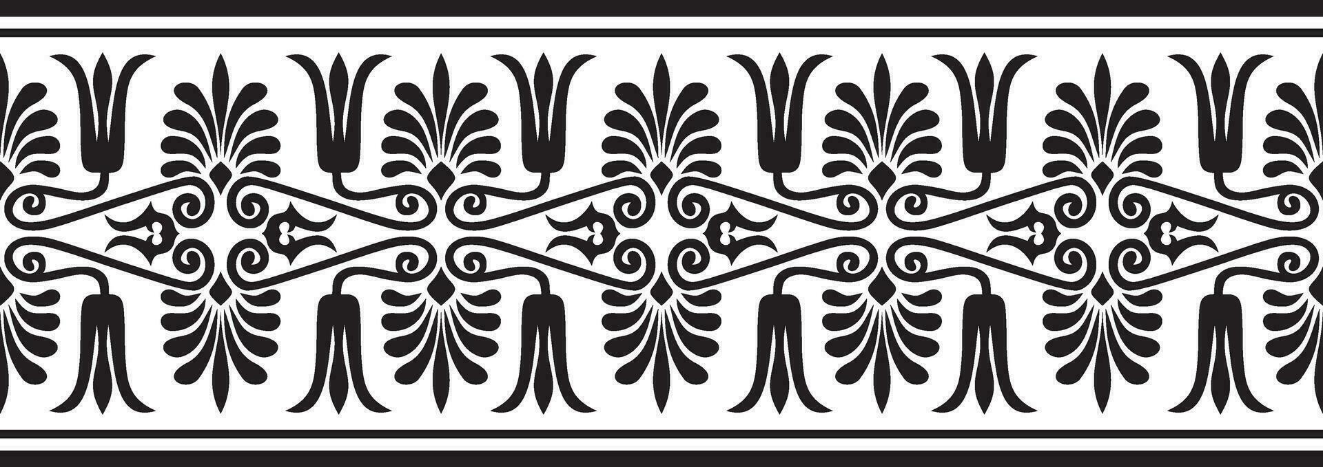 Vector black monochrome seamless ornament of ancient Greece. Classic Endless pattern frame border Roman Empire.