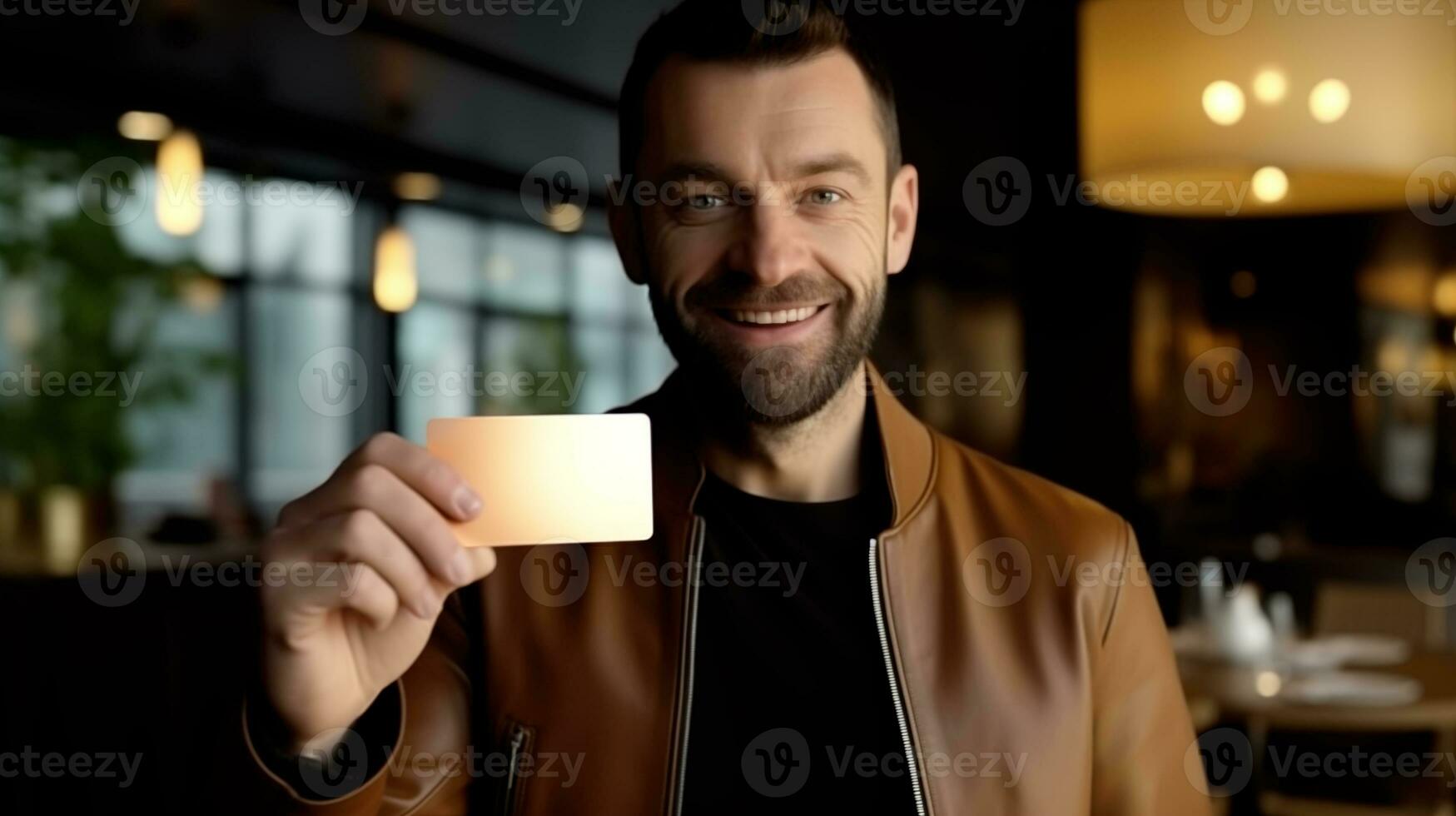 AI generated young man at cafe holding gold credit card smiling to camera photo