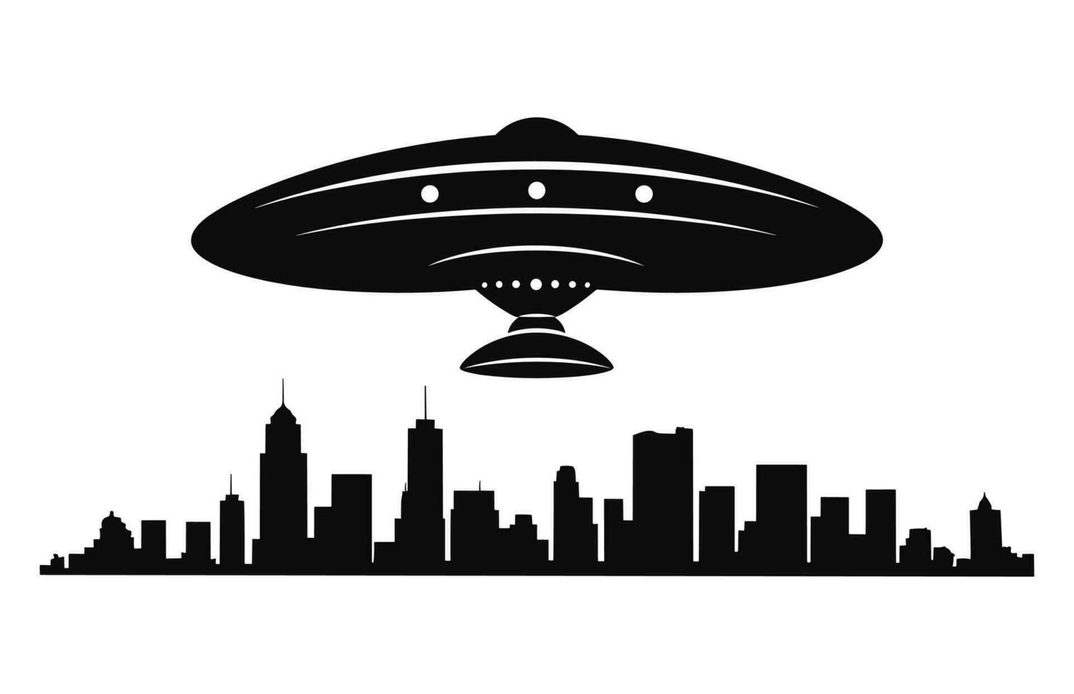 A UFO in City black Silhouette vector, Flying saucer City abduction Silhouette vector