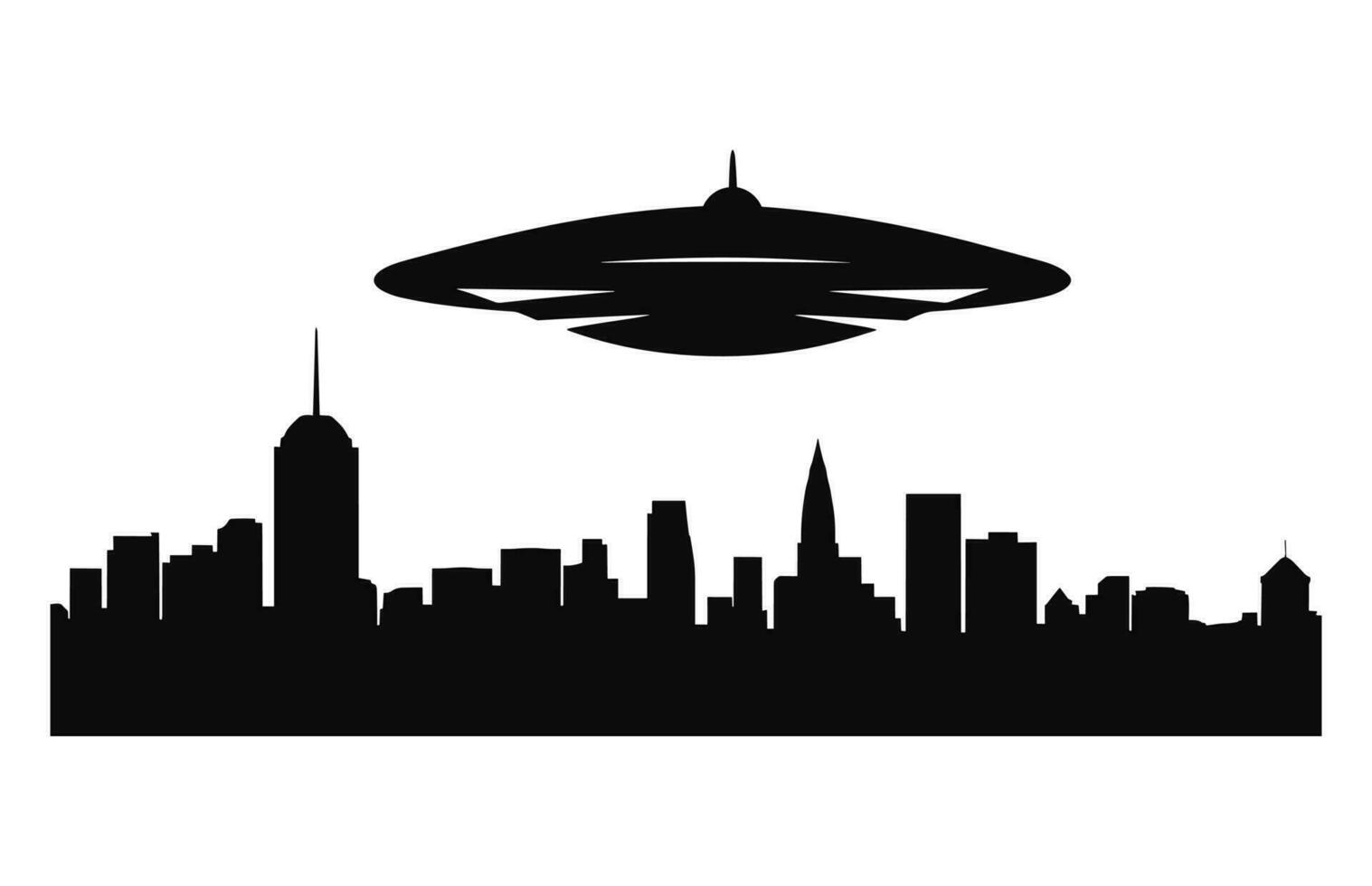 A UFO in City black Silhouette vector, Flying saucer City abduction Silhouette vector