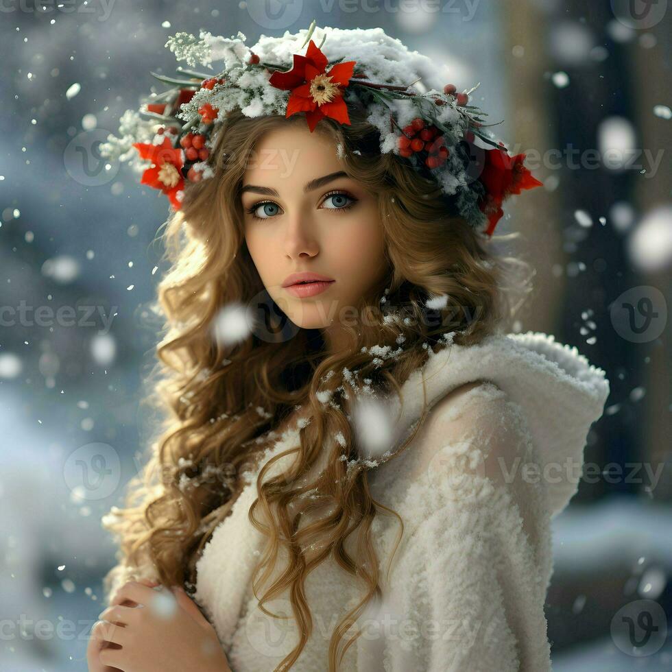 AI generated A Beautiful Woman in the Snowy Christmas photo