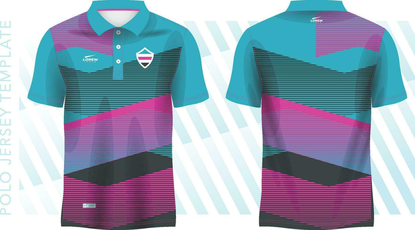 T-shirt Polo turquoise jade and pink template for soccer jersey, football kit, golf, tennis, sportswear. uniform front and back view. vector