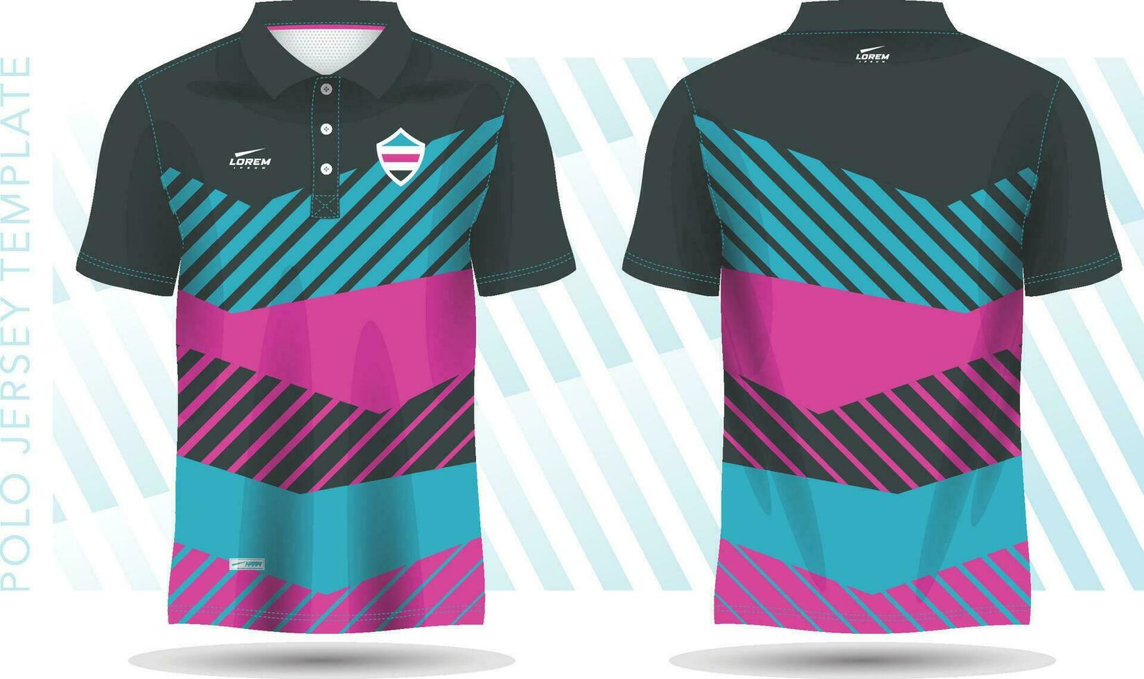 T-shirt Polo turquoise jade and pink template for soccer jersey, football kit, golf, tennis, sportswear. uniform front and back view. vector